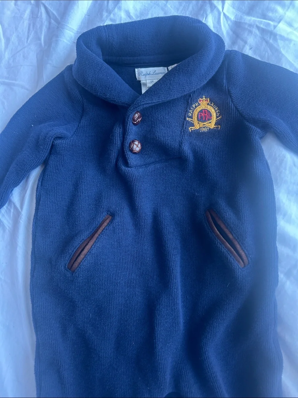 Ralph Lauren Navy Fleece Shawl-Collar Footed One-Piece 6mo